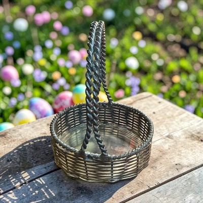 Small Woven Metal Wire Silvertone Basket With Handle 3.5''W x 4.5''H