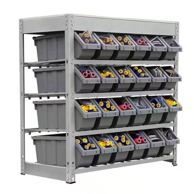 Gray 4-Tier Botless Bin Storage System Garage Storage Rack (24 Plastic Bins in 4