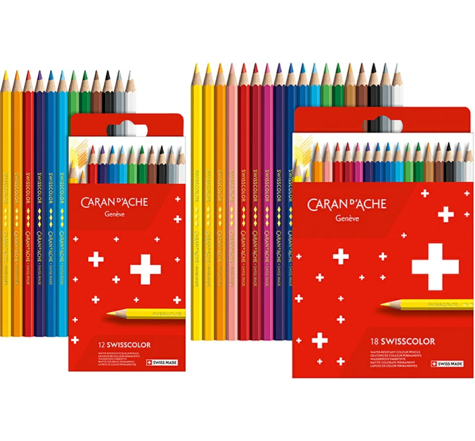 Caran d'Ache Swisscolor Water Resistant Pencils Box of 12 or Box of 18 Assorted