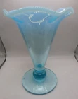 VINTAGE FENTON GLASS AQUA OPALESCENT CONE SHAPED SCALLOPED FLARE RIM VASE VASES