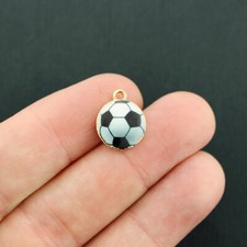 4 Soccer Ball Charms Gold Tone and Black and White Enamel Sports Charm - E726