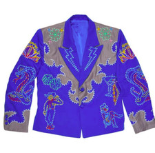 Men Blue 2Pc Bespoke snake Embroidered Nudie Western cowboy Cocktail Outfit