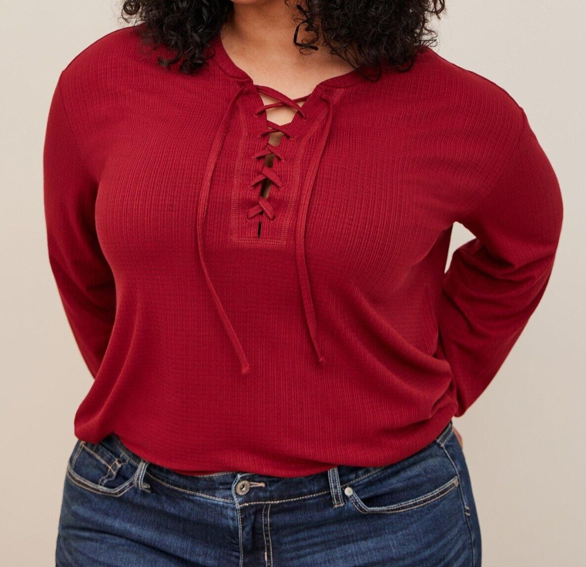 Torrid Texture Jersey Lace-Up Drop Shoulder Top Red 0 L 12 #G53544