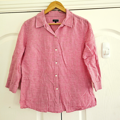 JAEGER Ladies linen cotton Gingham shirt blouse size 12 Red Preppy smart shaped - Picture 2 of 7