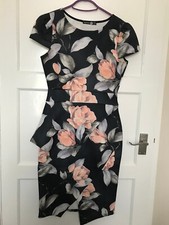 Boohoo Night Dark Grey Floral Bold UK 10 Sleeveless Satin Peplum Style Dress