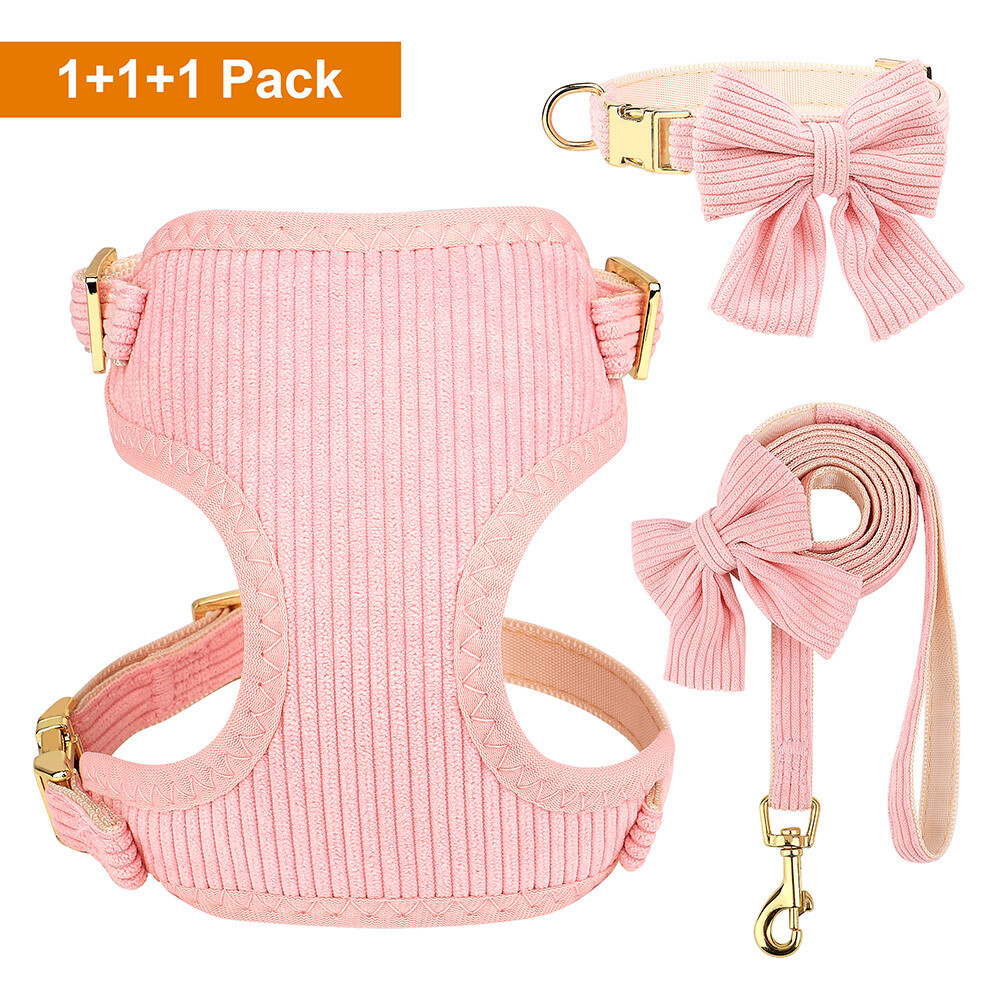 Cute Polka Dot Dog Harness Set – Pink Vest Harness With Leash & Bow Collar For Small Dogs (Size XL)