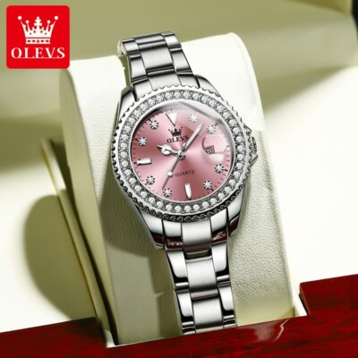 Waterproof Quartz Watch Ladies OLEVS Luminous Stainless Steel Date Women Strap