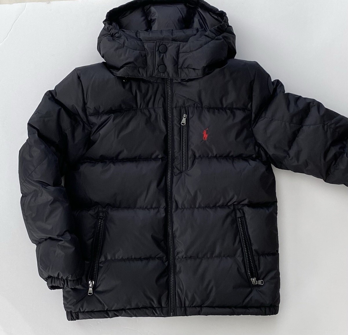 NWT, Boys Ralph Lauren Black Hooded Down Jacket. Size M(10-12