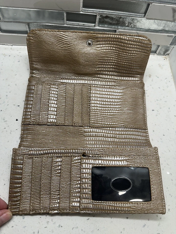 GUESS BEIGE CANVAS/ LEATHER CANCAS MONOGRAMMED Tri-fold WALLET w/ Rhinestones - Image 3 of 4