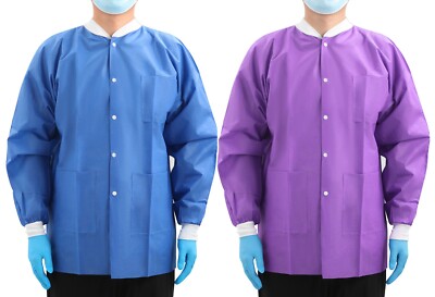 JMU 10/50Pcs Medical Lab Jackets Coats SMS 40g w/ Knit Cuffs 3 Pockets S/M/L