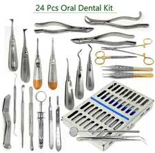 German 24 PC Oral Dental Surgery Extracting Elevators Forceps Instrument Kit Set