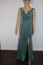 Formal Evening Party Dress Green Metallic Side Slit Long Gown Prom Sz 6
