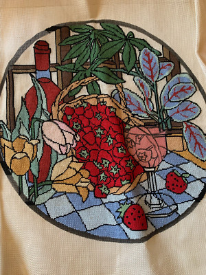 Almost Finished Cross Stitch STRAWBERRIES Wine Frame or pillow 12 x12 