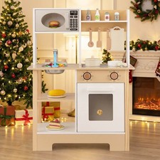 Play Kitchen, Wooden Toy Kitchen Playset w/Chalkboard, Microwave, Faucet Sink