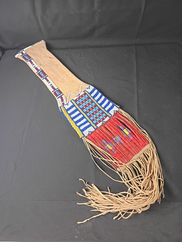Antique Crow Tribe LARGE BEADED & QUILLED on Leather w/ Fringe Pipe Bag c. 1900s