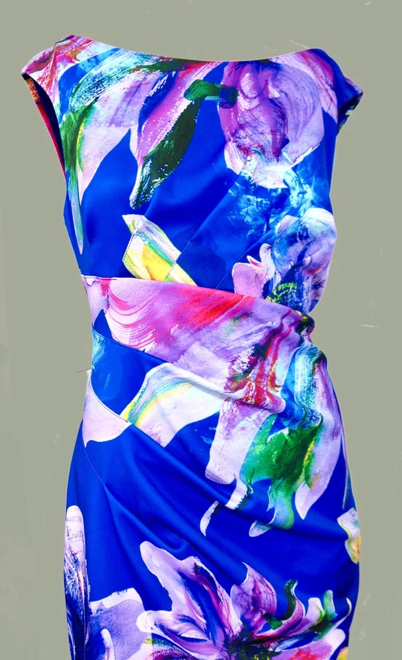 Vestido eléctrico azul tropical acanalado cuello barco Joseph Ribkoff talla 12 Foto 2 de 4