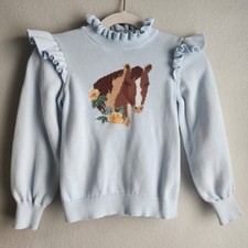 JANIE and JACK Light Blue Ruffled Embroidered Sweater with Horse Design sz 4