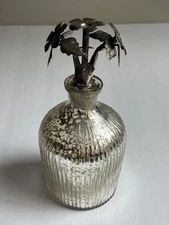 “Mercury Glass Perfume Bottle Metal Flower Stopper Ribbed Made in India”