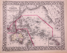 Antique 1873 Map ~ Pacific Ocean - Australia, Hawaii S. Augustus Mitchell 12x15