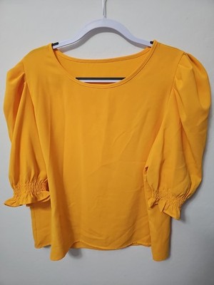 Mustard Yellow Short Sleeve Peasant Blouse 2XL Elastic Smocked Cuff Pullover
