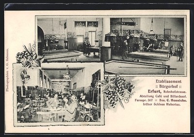 AK Erfurt, Hotel Bürgerhof, Bahnhofstrasse, Innenansichten Cafe und Billardsaal 