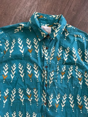 Andy Davis aqua blue green graphic print Hawaiian aloha button front shirt Large