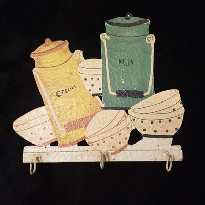 1950s Style Painted Wood Kitchen Wall Sign 12'' 3 Hooks Milk Cream Vintage Retro