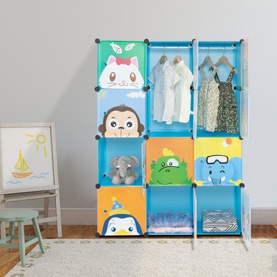 4-Layer 12-Grid Magic Cube Wardrobe w/ Animal Pattern,Blue Cabinet,Plastic+Steel