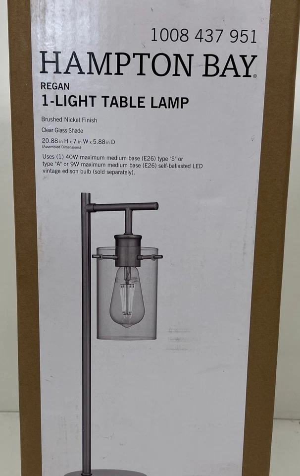 Hampton Bay Regan 20 pulgadas Lámpara de mesa de níquel cepillado con pantalla de vidrio transparente Foto 2 de 2
