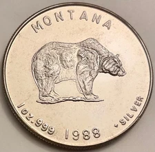 1988 MONTANA GRIZZLY BEAR 1 OZ .999 SILVER MINING BIG SKY COUNTRY TREASURE STATE