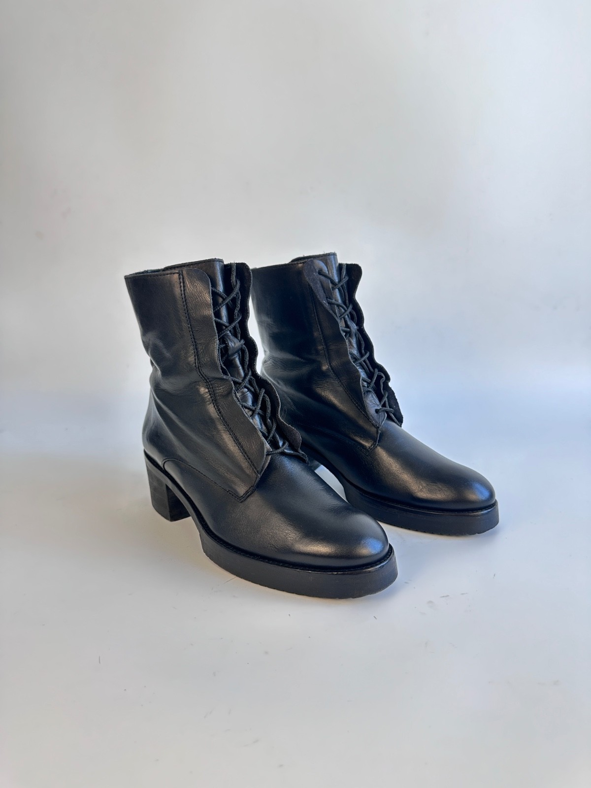 COS Black Leather Lace Up Ankle Boots Size EU 39 Made in Portugal Block Heel