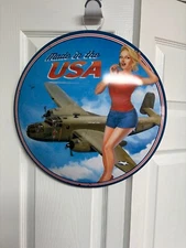 Round Metal Tin Sign PinUp  Girl With Airplane“Made In The USA”  15 3/4 inches