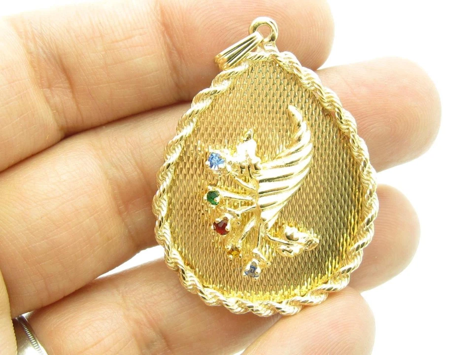 Collar colgante vintage de oro amarillo de 14k y piedras preciosas múltiples con dije de cosecha patrimonial