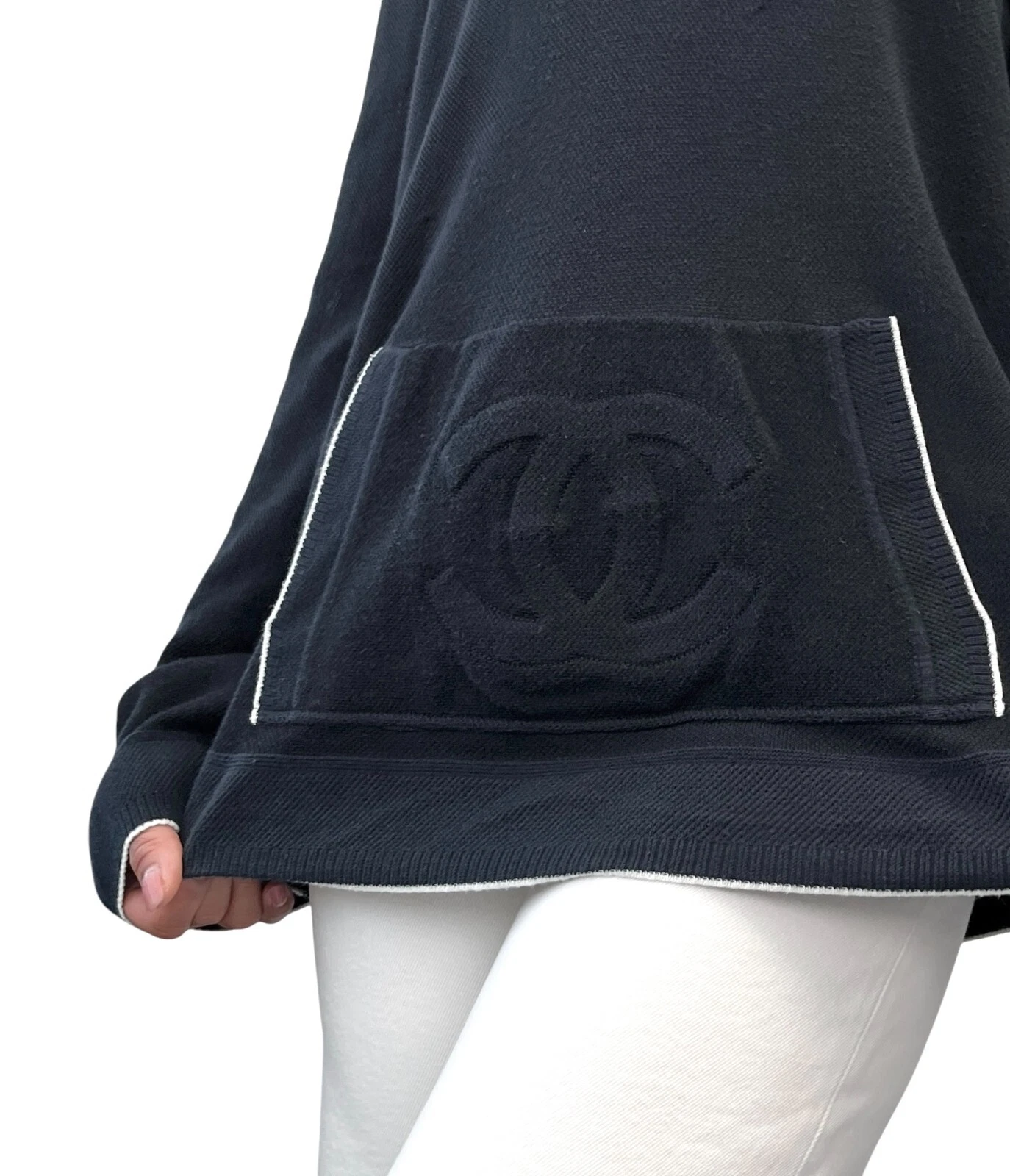 Maglia CHANEL Sport Vintage 09P CC Logo #42 Felpa con Cappuccio Blu Scuro Argento Rayon
