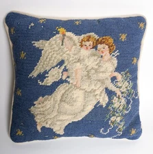 Needlepoint Velvet C & F Enterprises Pillow Angels Child Woman Christmas Blue 9"