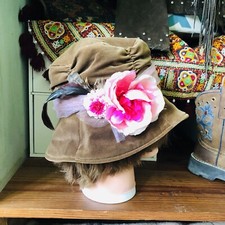 Vintage Velvet Flowed Crushable Cloche Bucket Hat Brown With Pink Details 