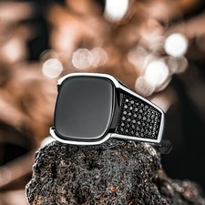 925 Sterling Silver Custom Cut Onyx, Micro Black Zircon Stone Men's Ring