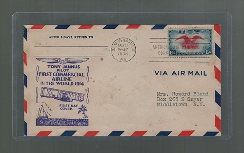 US Airmail Cover St Petersburg to Middletown 1938 US Scott c23 FDC Tony Jannus