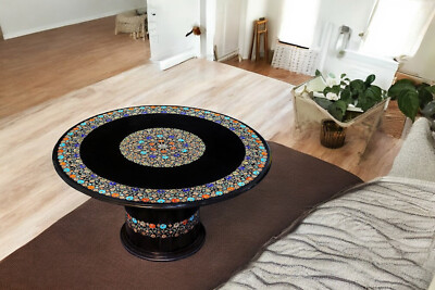 48 '' Schwarz Marmor Antiquitäten Coffee Table Semi Precious Inlay Stein Blumen