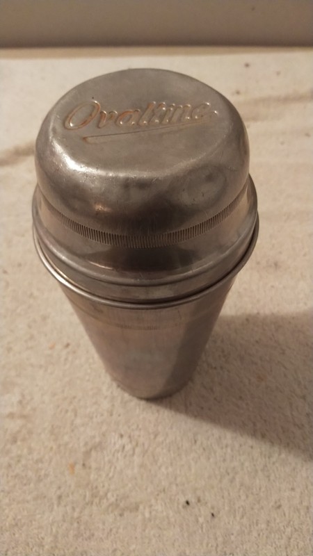 VINTAGE MCM ALUMINUM 2 PIECE OVALTINE TIN MIXER SHAKER - RH00693