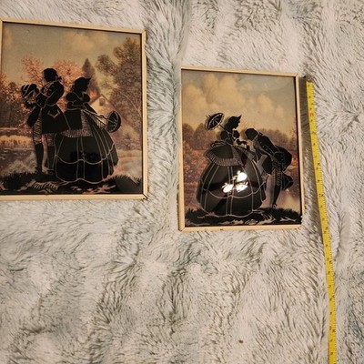 Vintage Lot of 2 Pictures Reverse Painted Convex Bubble Glass Silhouette 5x4''