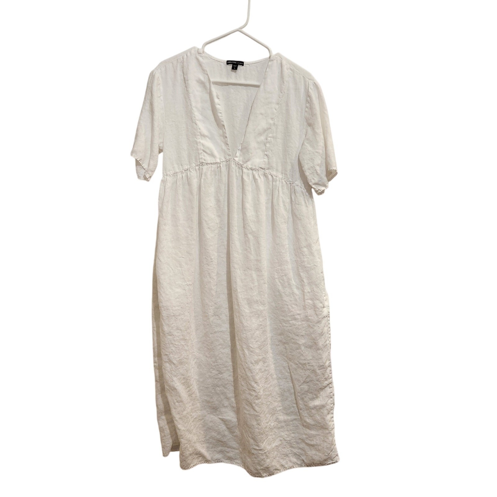 James Perse Short Sleeve Casual Gathered Linen Midi Dress White Size 3 Large