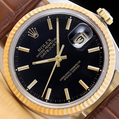 ROLEX MENS DATEJUST 16013 18K YELLOW GOLD STEEL BLACK DIAL BROWN LEATHER WATCH