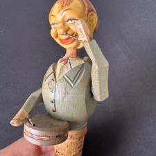 Vintage Hand Carved Wooden Bottle Stopper Man with Drum Folk Art Wine Cork