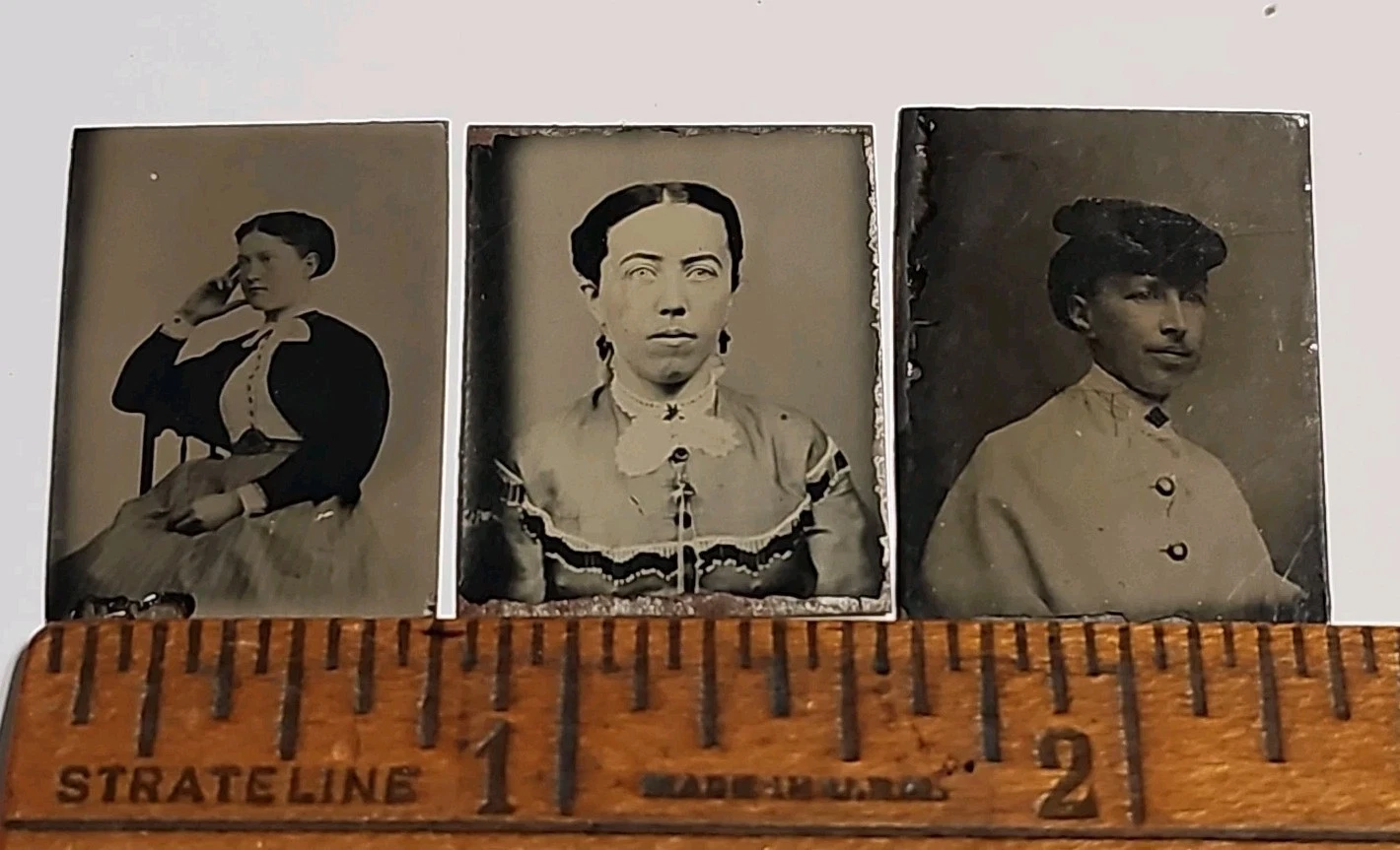 3 Gem Tintype Photos 3/4" X 1" Young Women Victorian Fashion Weird Hair Blue Eye