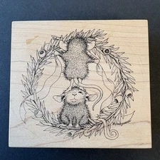 House Mouse Stampa Rosa Wreath Ribbon Tying 1997 Rubber Stamp C83