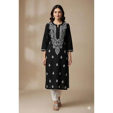 Chikankari Black Cotton Kurti  Hand Embroidered Pure Cotton Kurta for Women