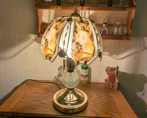 VTG Hobnail STAINED GLASS 6 PANEL DIMMABLE TOUCH LAMP Shabby Chic Retro 90s