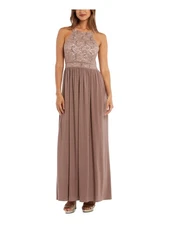 NIGHTWAY Womens Sequined  Sleeveless Halter Maxi Evening Fit + Flare Dress