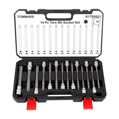 14-PC Long Torx Bit Socket Set, S2 Alloy Steel Star Socket Set T10-T70